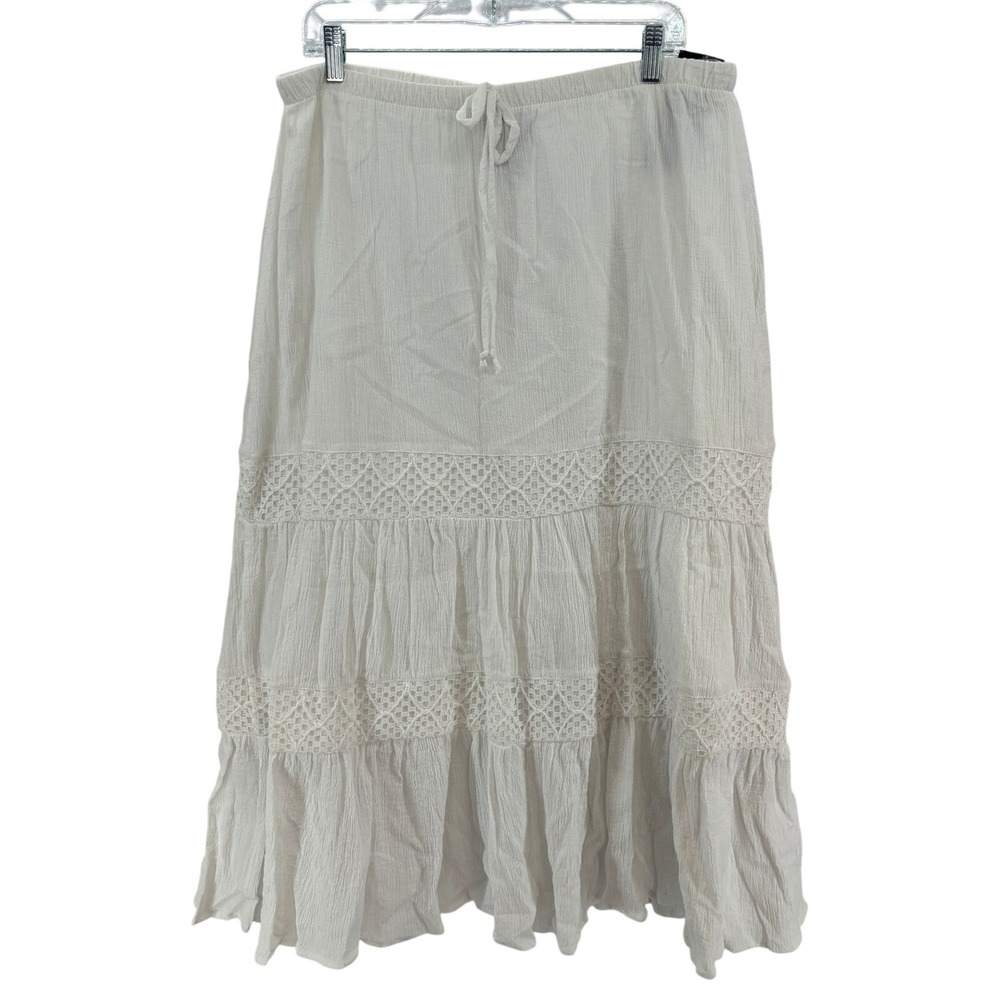 Elementz White Lace Trim Tiered Maxi Skirt LARGE Boho‎ Casual Cottage Cotton